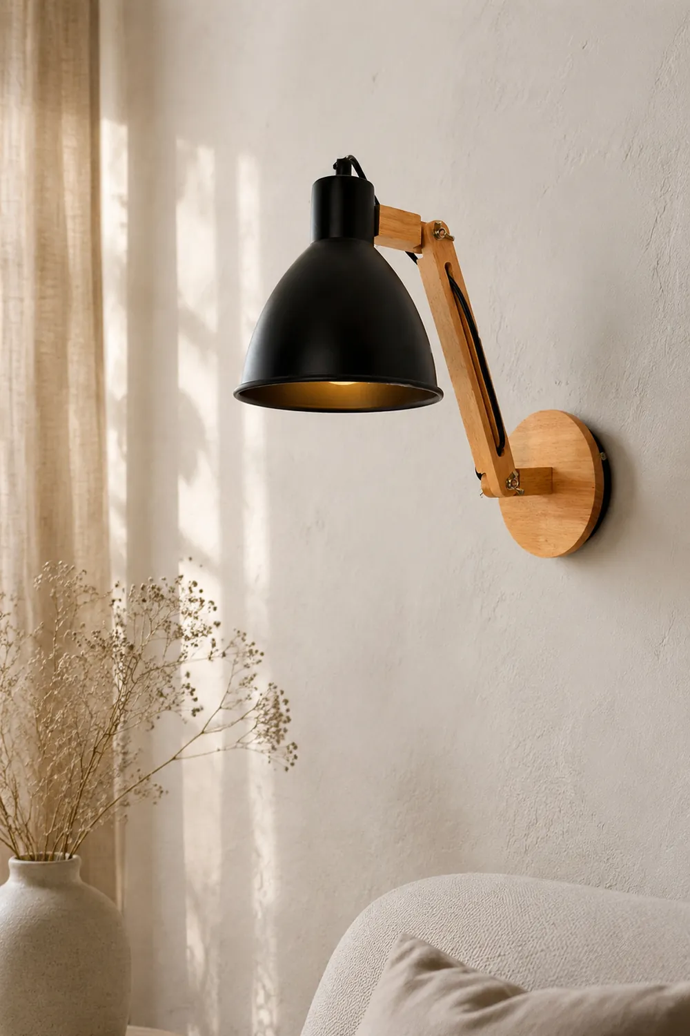 Brady Wall Lamp Dome Modern, Adjustable Metal Wood, Black/White, Bedroom - Lumpaz