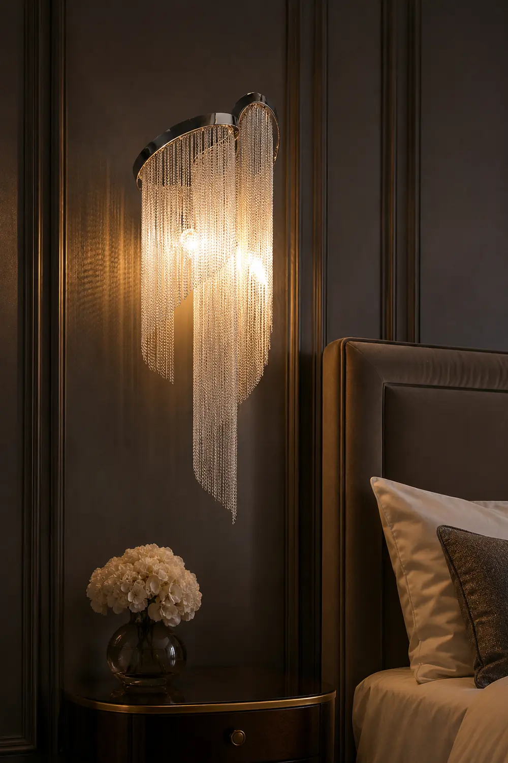 Colon Wall Lamp Modern/Art Deco, Tassel Chain, Silver, Bedroom - Lumpaz