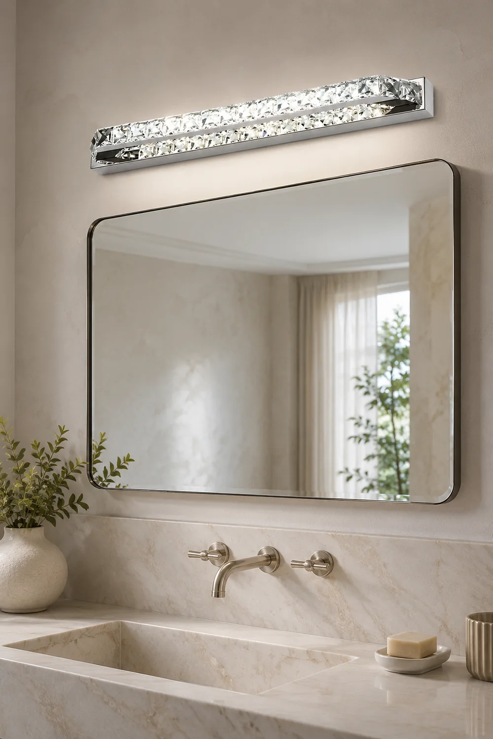 Kristy Luxury Linear Crystal Mirror Front Vanity Wall Lamp, Silver - Lumpaz