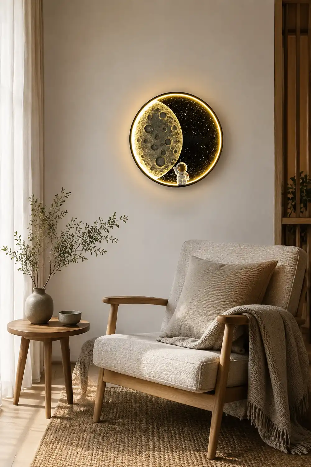 Elif Astronaut Round Moon Black Wall Lamp, Metal - Lumpaz