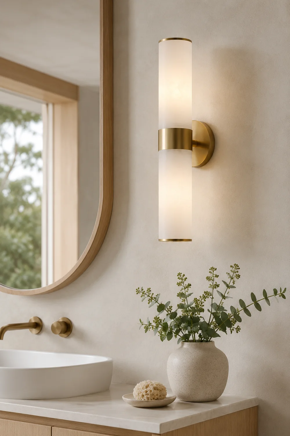 Chan Modern Double Headed Metal Stone Vanity Wall Lamp, Brass - Lumpaz