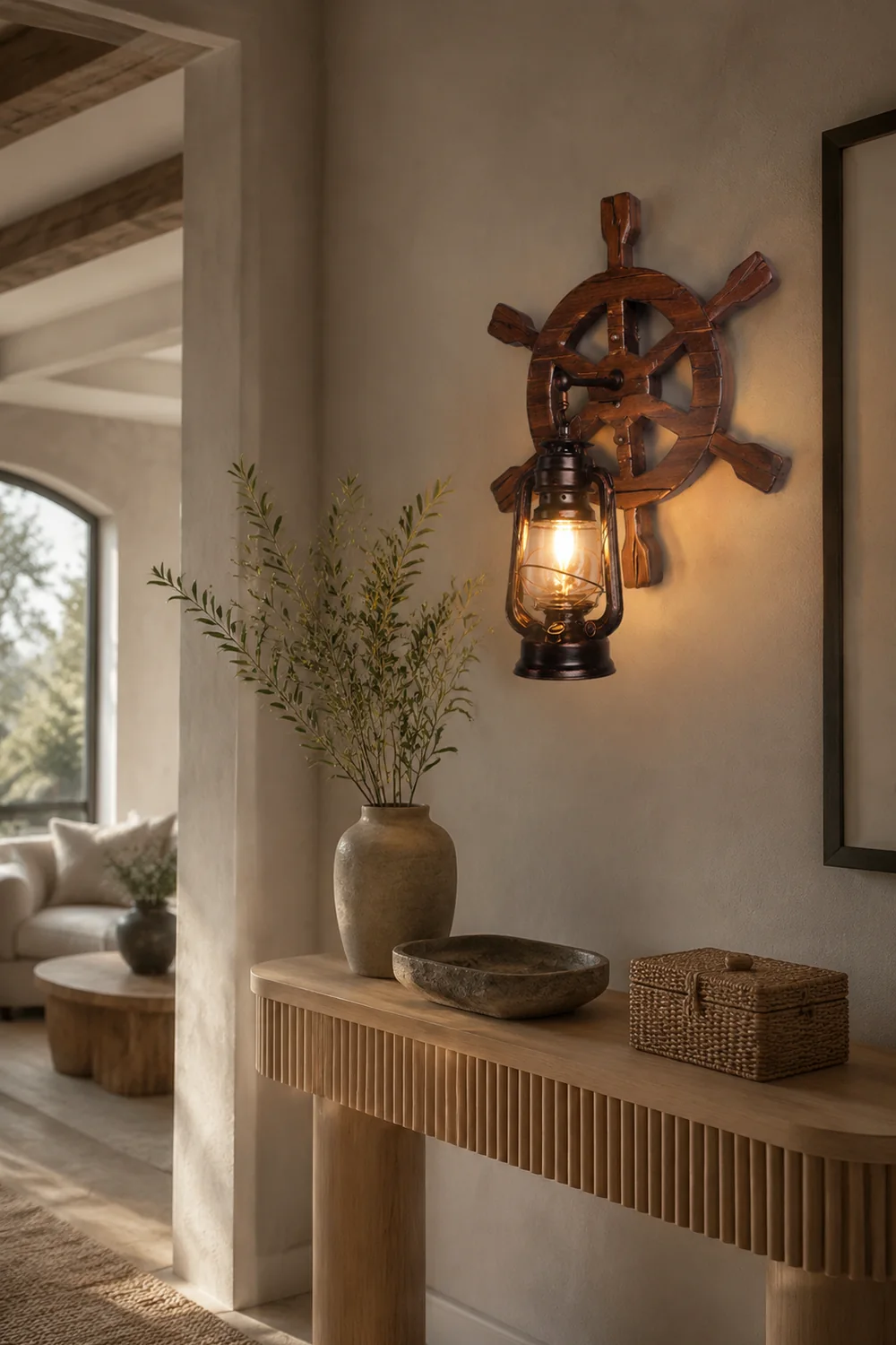 Austin Wall Lamp Retro Rudder Lantern Brown Wooden, Bedroom - Lumpaz