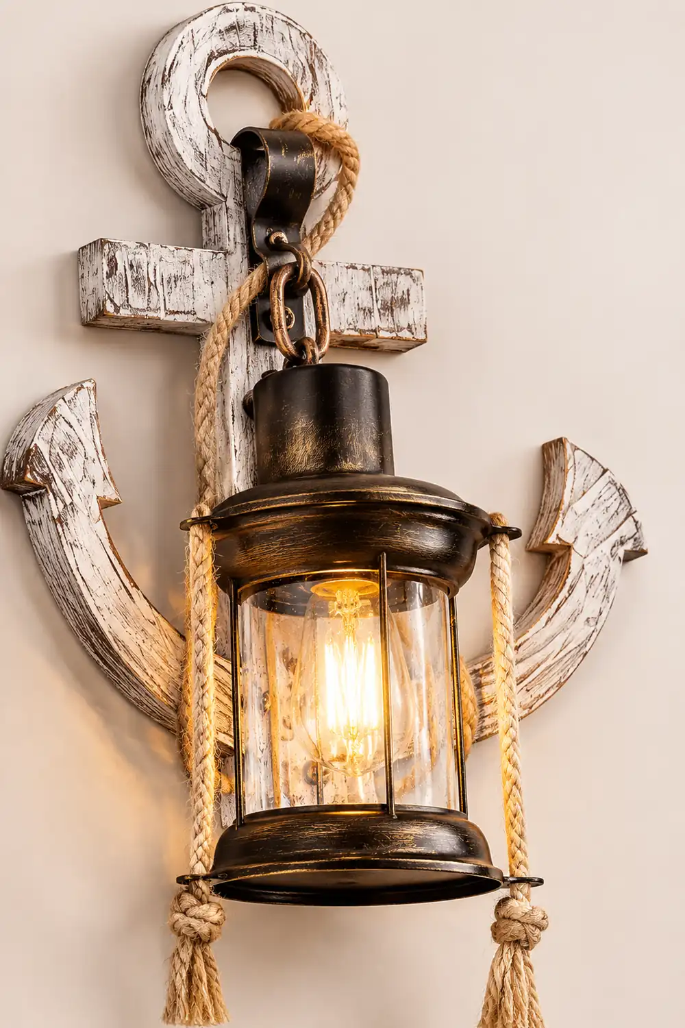 Austin Anchor Lantern Wall Lamp, Vintage/Antique, Wood, Bedroom - Lumpaz
