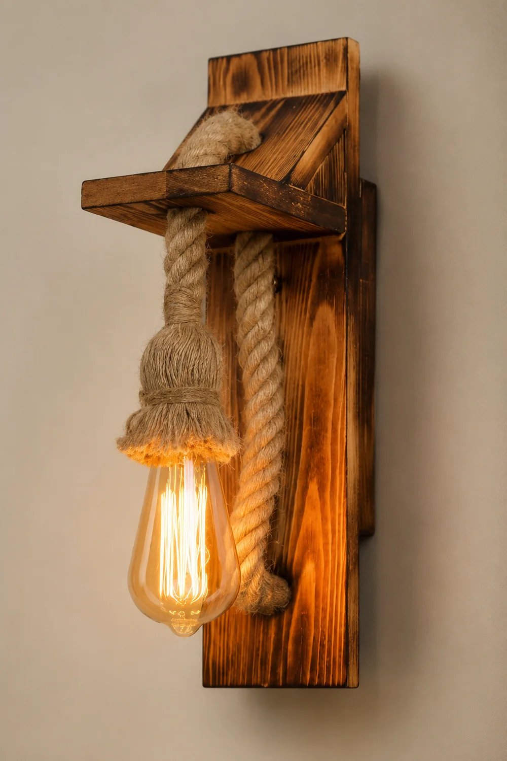 Austin Vintage Rectangular LED Wall Light, Wood/Hemp Rope, Dining Room - Lumpaz