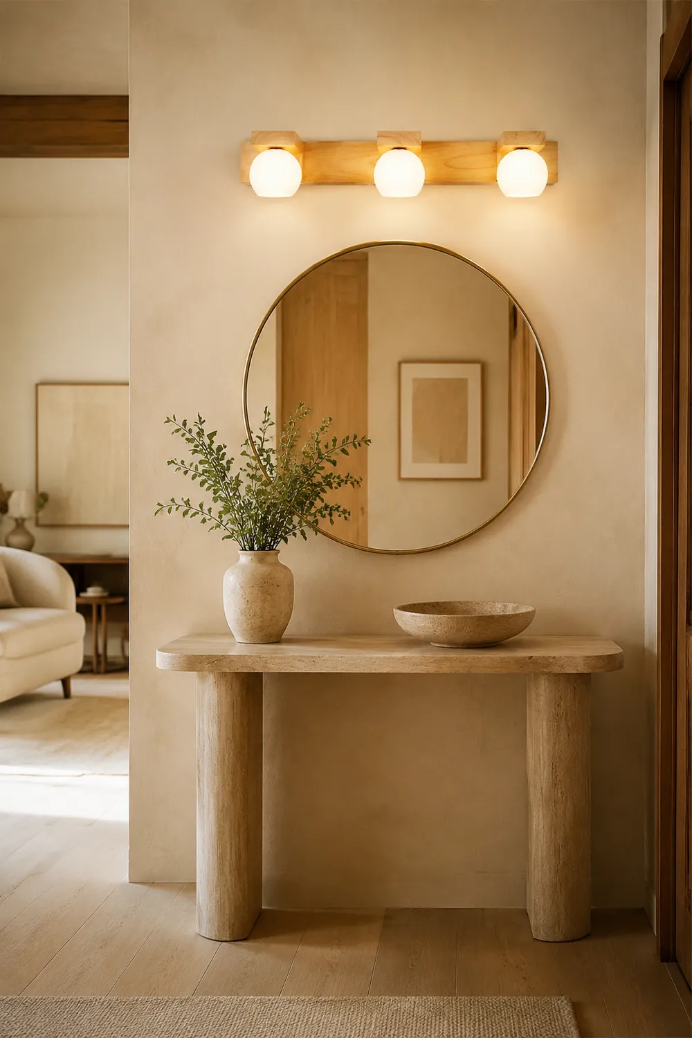 Ozawa Wooden Ball Mirror Front Vanity Wall Lamp, Log Color - Lumpaz