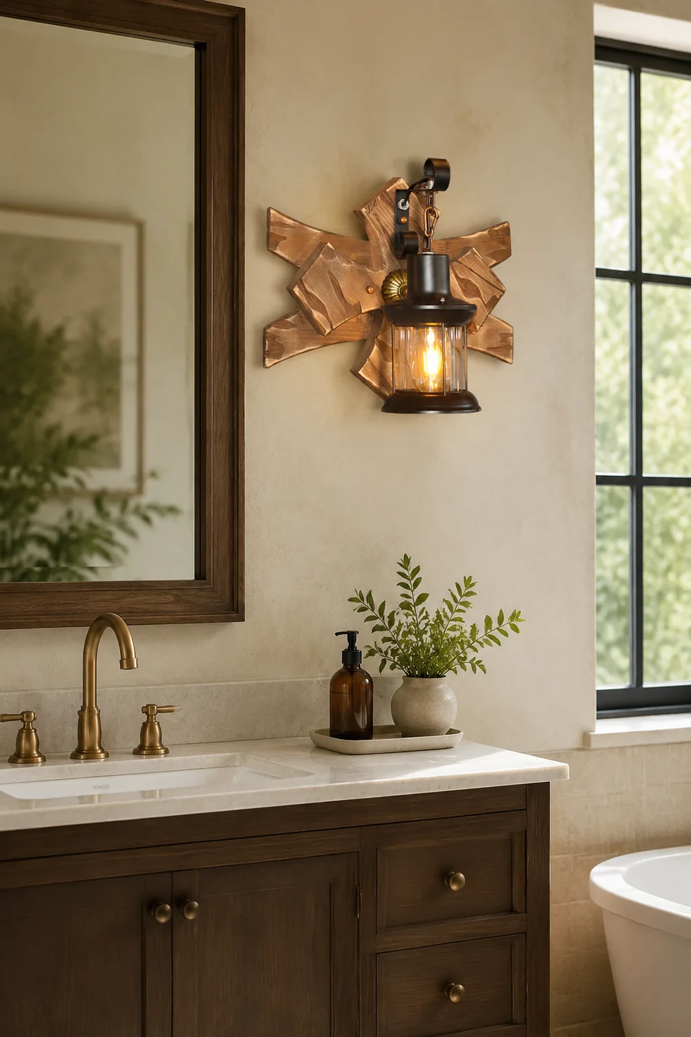 Austin Vintage Candle & Lantern LED Wall Lamp, Wood/Metal, Gold, Bedroom - Lumpaz