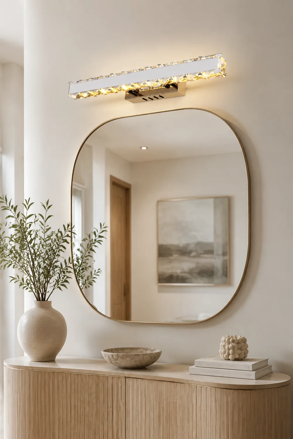 Kristy Modern Rectangular Metal/Crystal Mirror Front Wall Lamp, Gold - Lumpaz