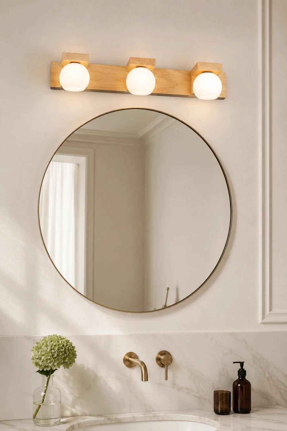 Ozawa Wooden Ball Mirror Front Vanity Wall Lamp, Log Color - Lumpaz