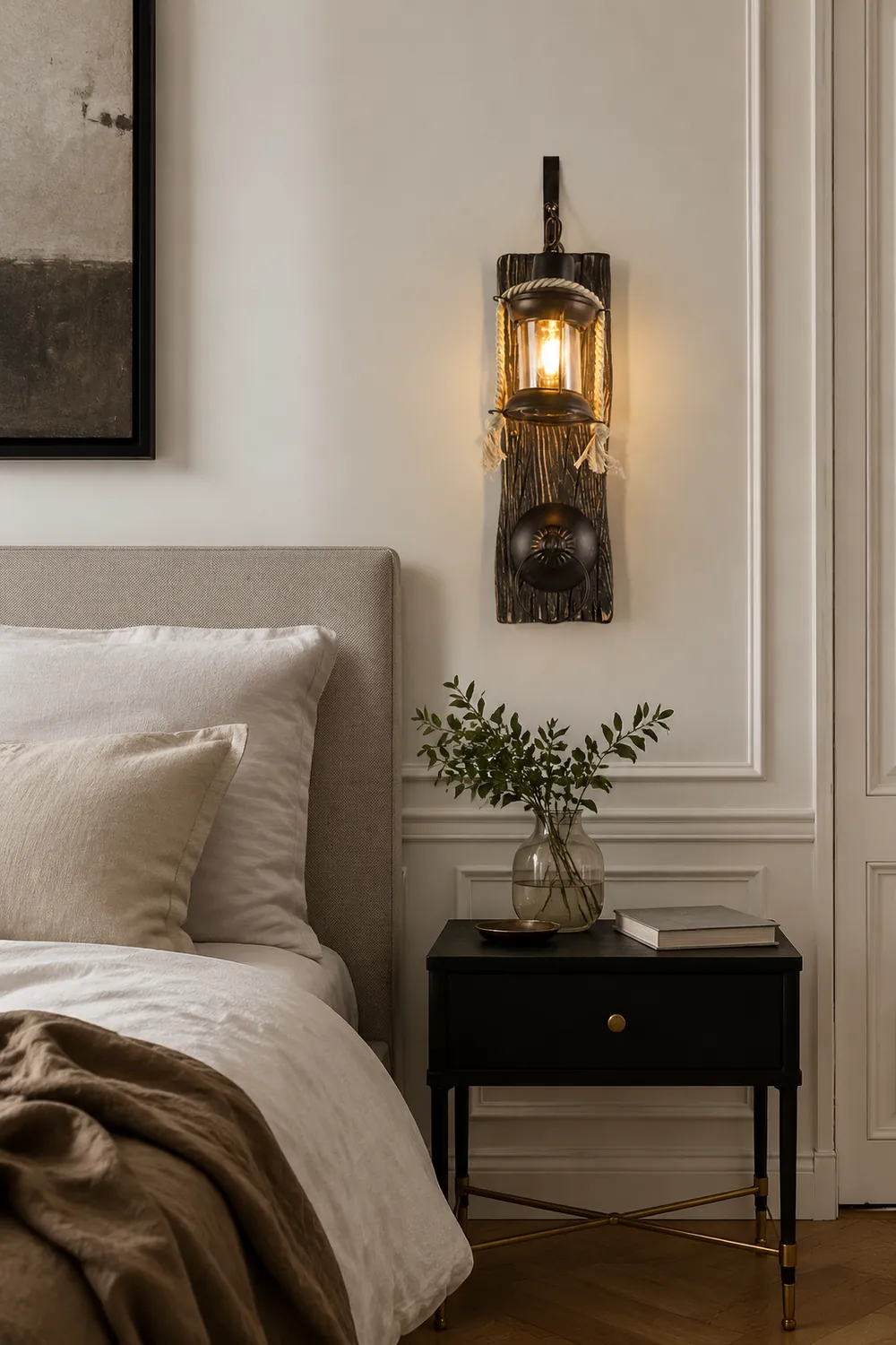 Alessio Wall Lamp Retro Lantern Ring Black Wooden, Bedroom - Lumpaz