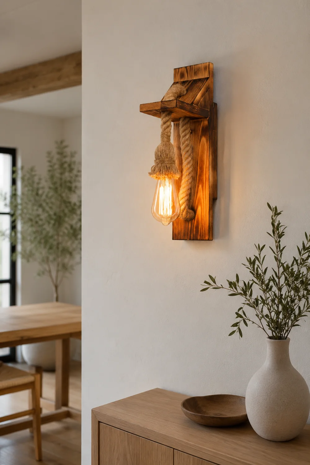 Austin Vintage Rectangular LED Wall Light, Wood/Hemp Rope, Dining Room - Lumpaz
