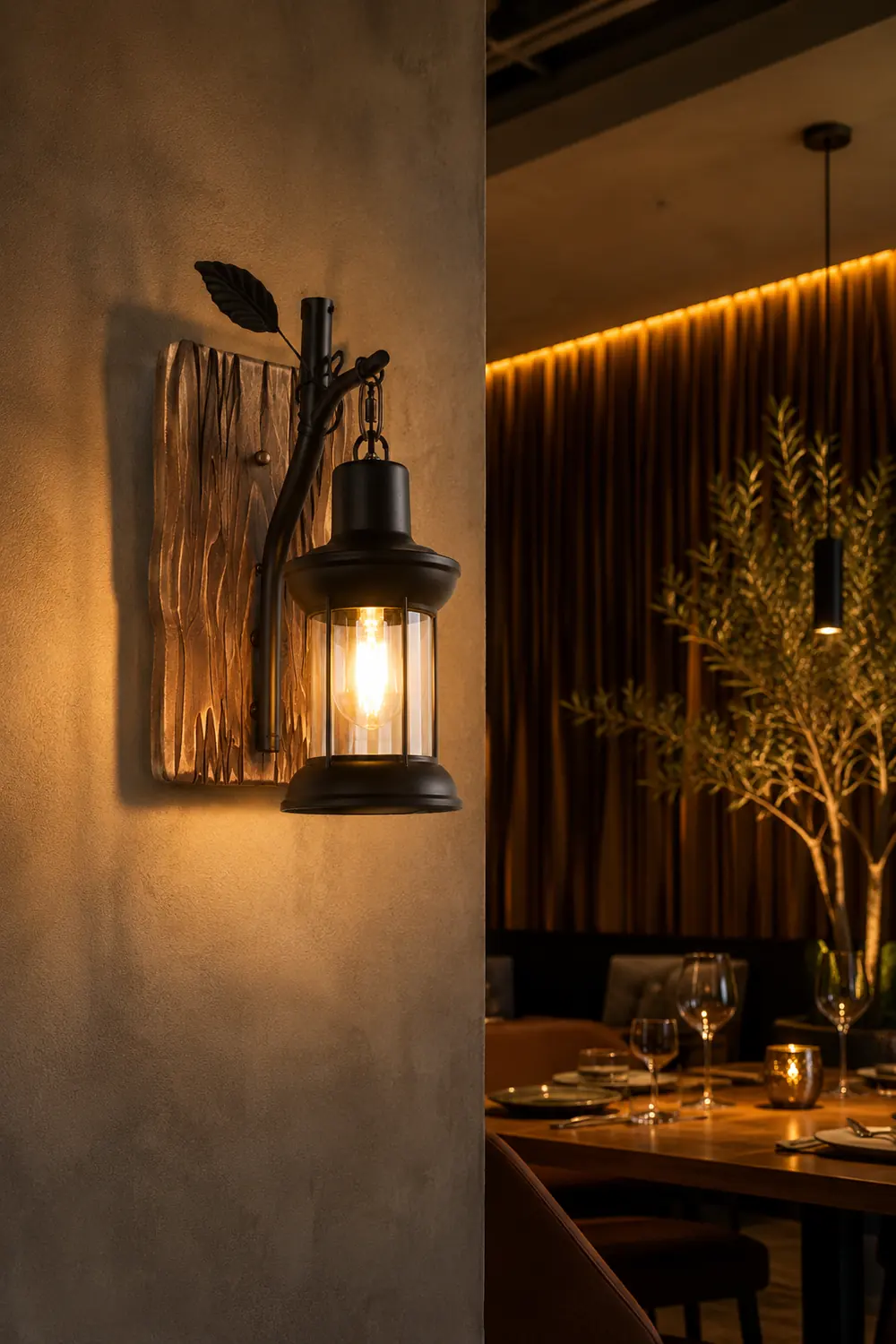 Austin Vintage Branches Lantern Wall Lamp, Metal/Wood, Black, Dining Room - Lumpaz