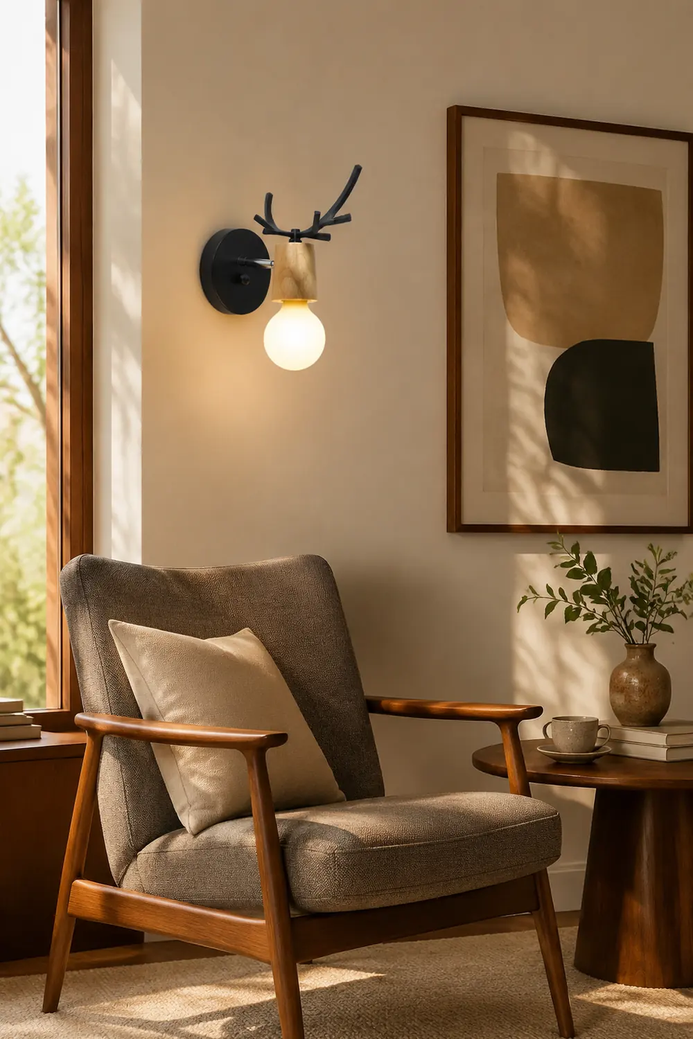 Ozawa Modern Antler Wood/Glass Wall Lamp, Bedroom/Bathroom - Lumpaz