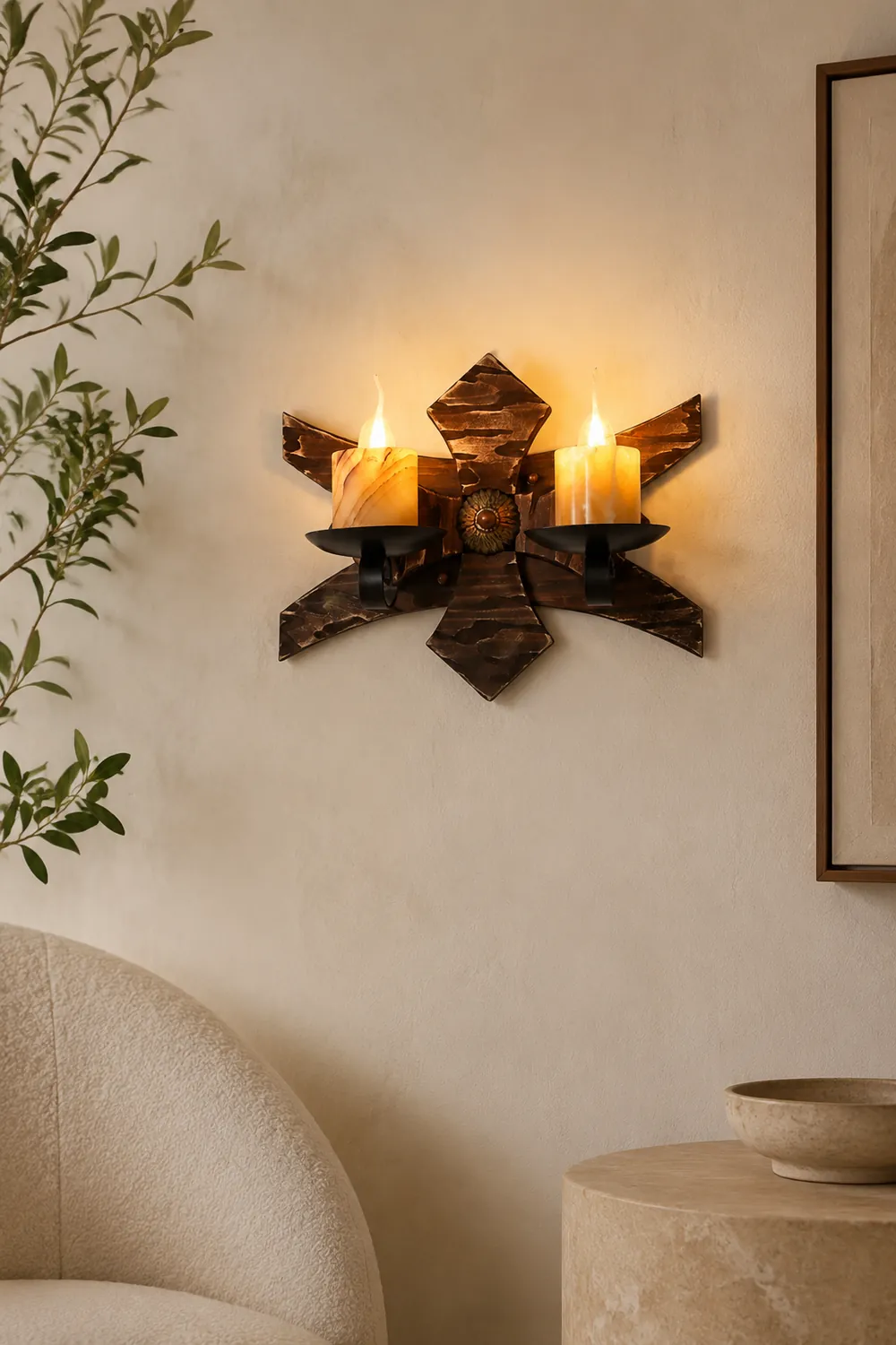 Austin Wall Lamp Decorative Vintage Candle Double Light Wooden, Bedroom - Lumpaz