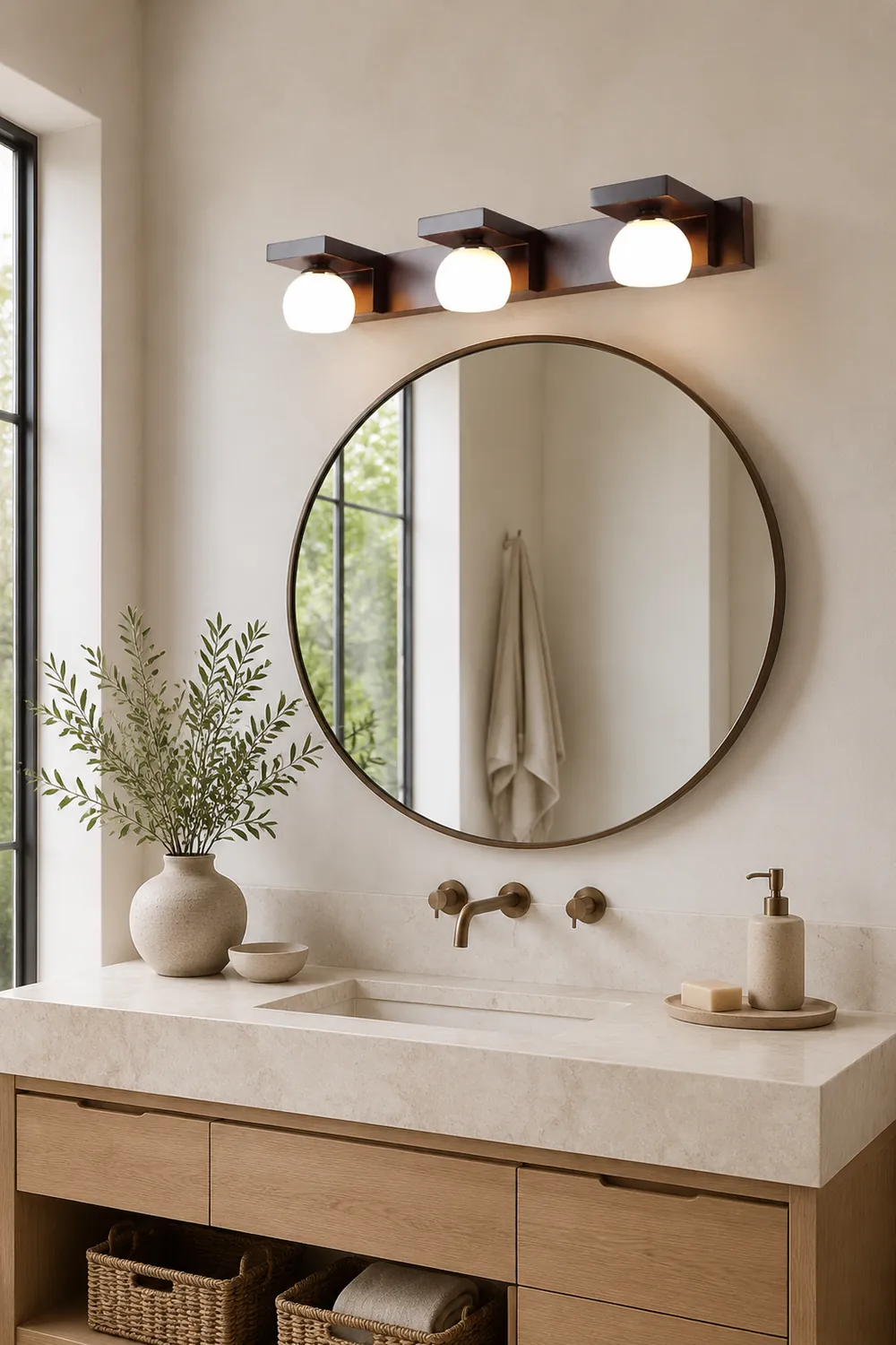 Ozawa Vintage Mirror Front Vanity Wall Lamp, Wood/Glass, Brown - Lumpaz