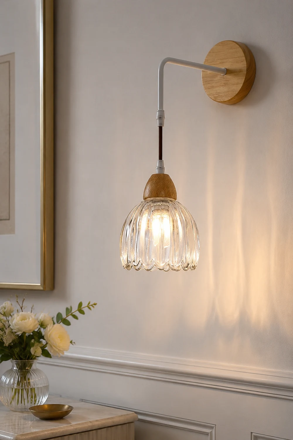 Lily Pleated Clear Wooden Bedroom Vanity Wall Lamp - Lumpaz
