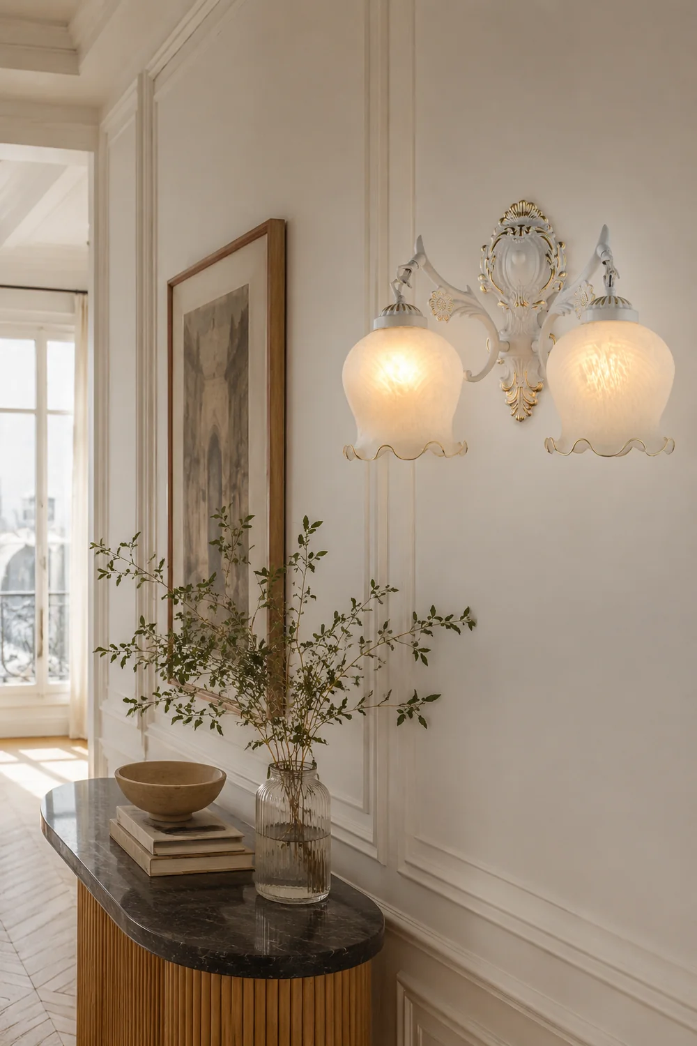Félicie Vintage Flower shape Metal&Glass Modern Wall Lamp, White/Bronze - Lumpaz