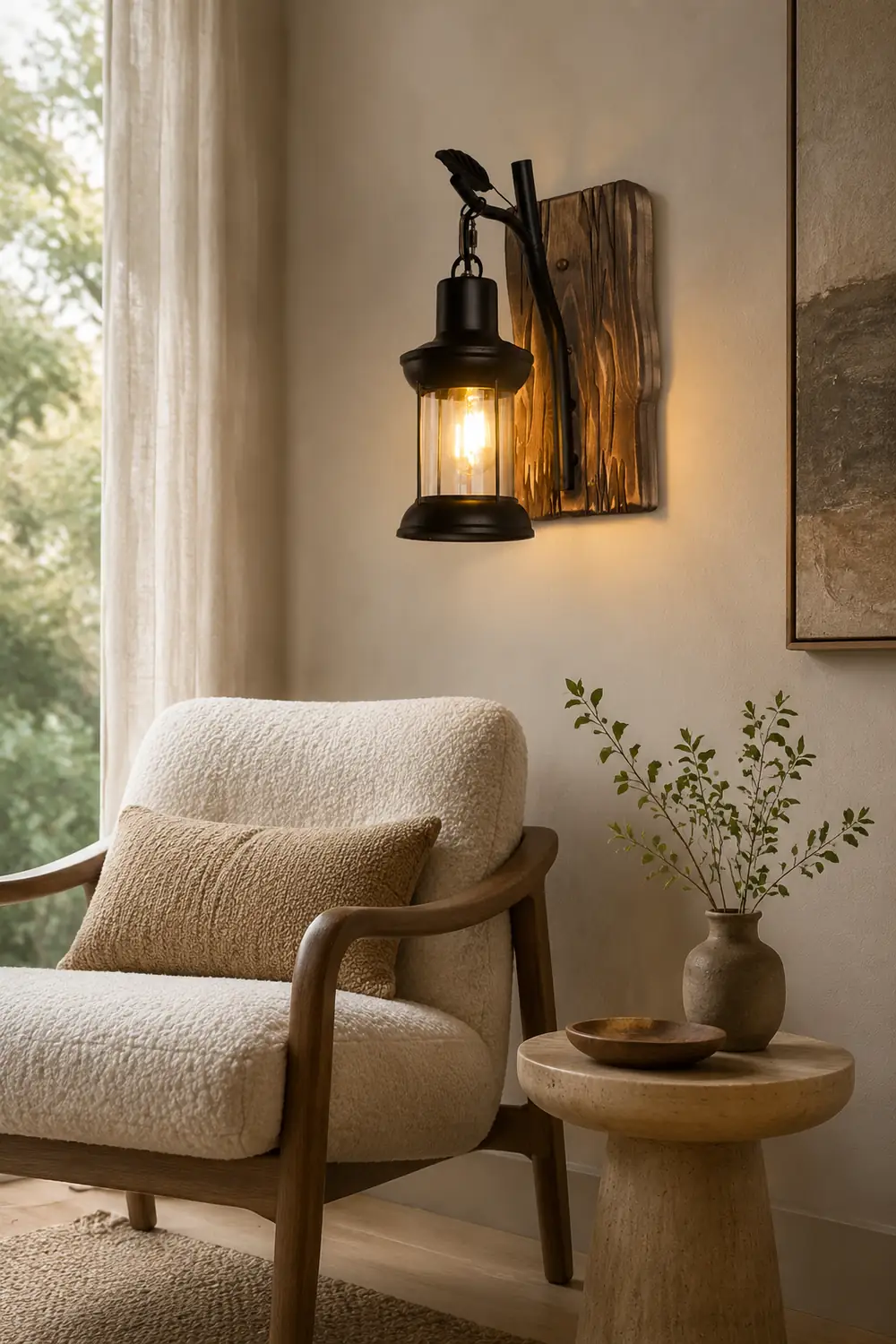 Austin Vintage Branches Lantern Wall Lamp, Metal/Wood, Black, Dining Room - Lumpaz