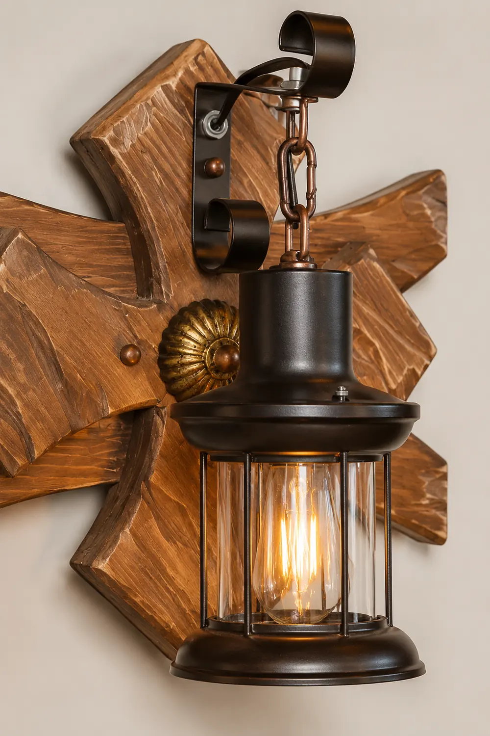 Austin Vintage Candle & Lantern LED Wall Lamp, Wood/Metal, Gold, Bedroom - Lumpaz