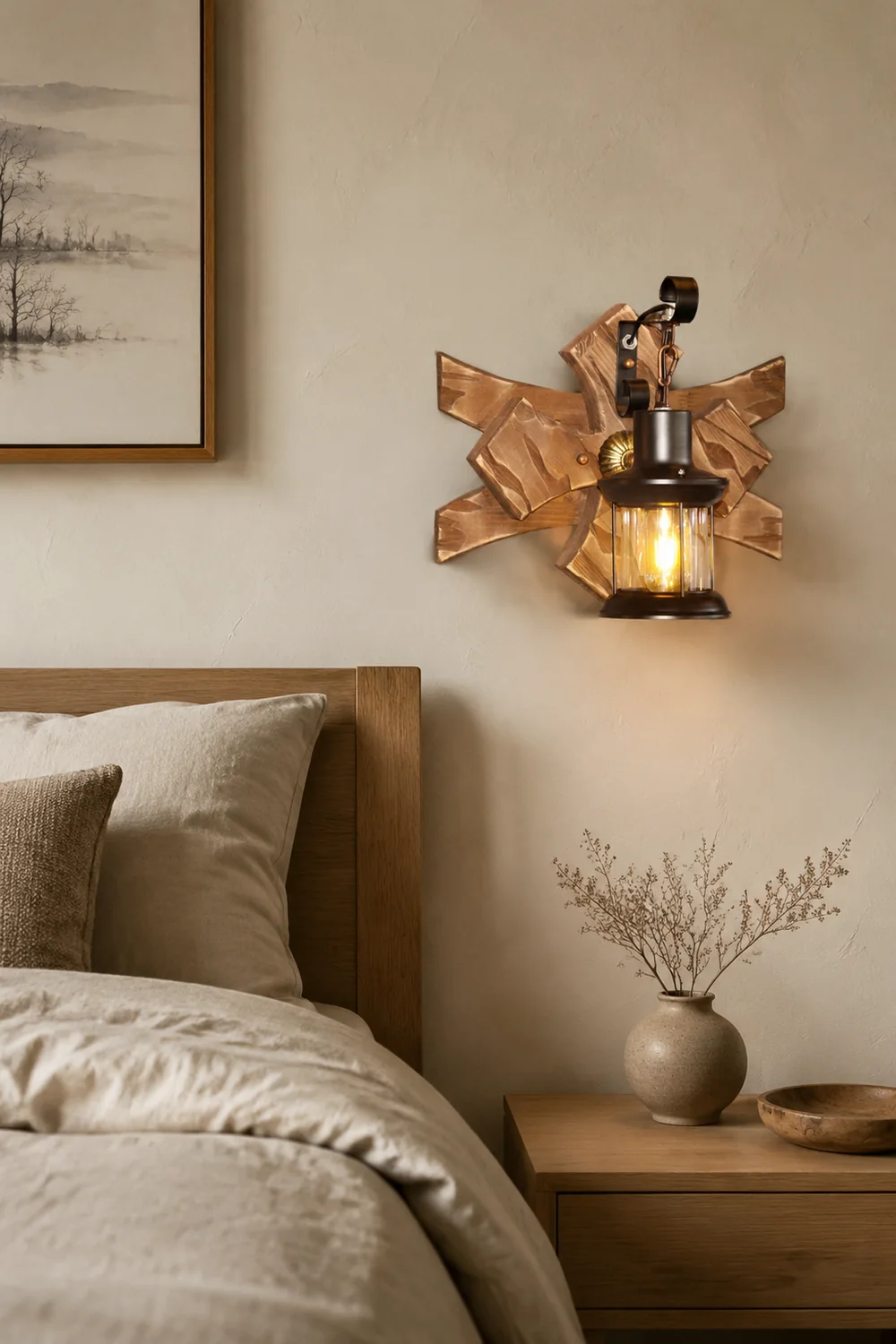 Austin Vintage Candle & Lantern LED Wall Lamp, Wood/Metal, Gold, Bedroom - Lumpaz