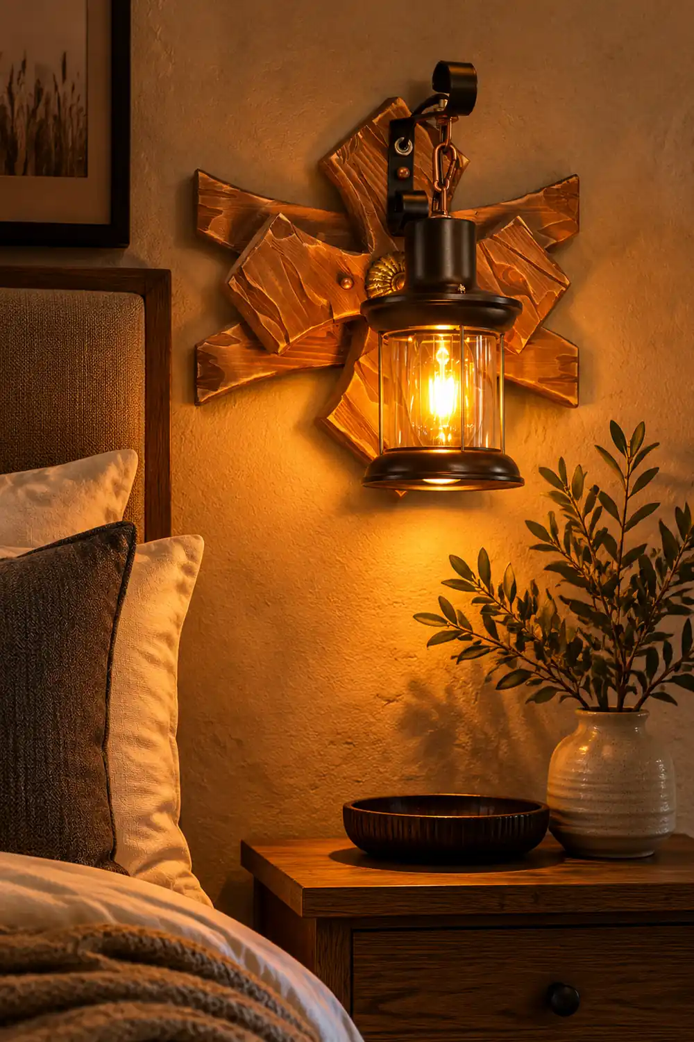 Austin Vintage Candle & Lantern LED Wall Lamp, Wood/Metal, Gold, Bedroom - Lumpaz