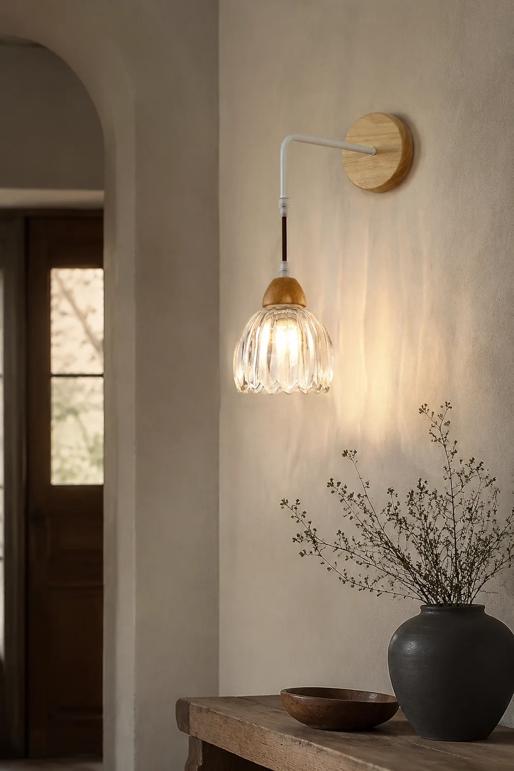Lily Pleated Clear Wooden Bedroom Vanity Wall Lamp - Lumpaz