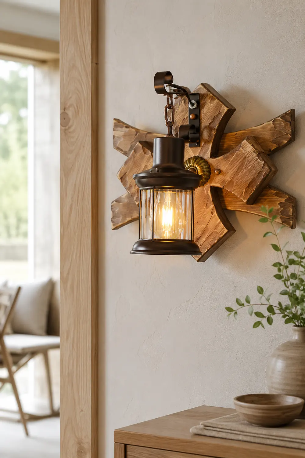Austin Vintage Candle & Lantern LED Wall Lamp, Wood/Metal, Gold, Bedroom - Lumpaz