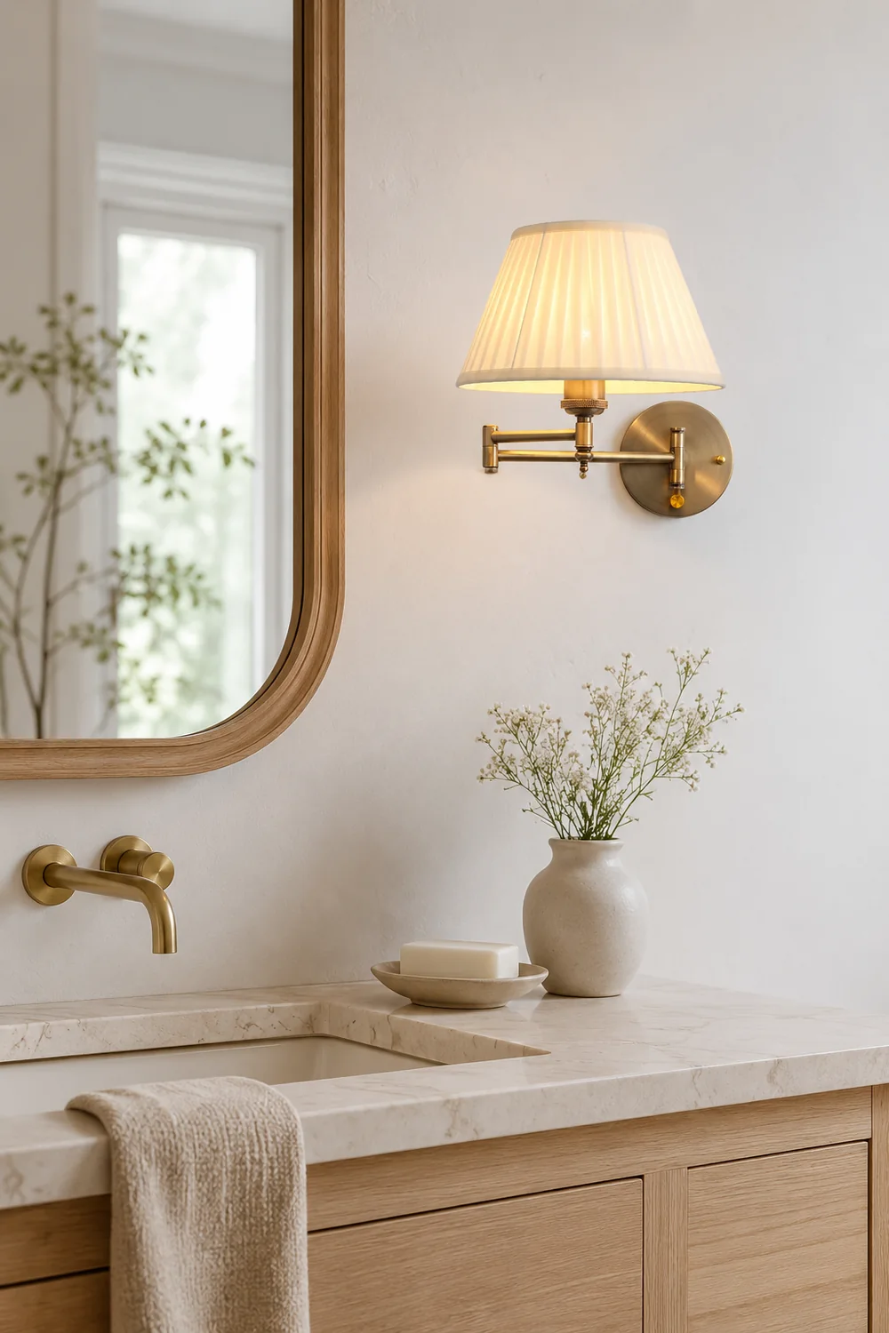 Carins Wall Lamp Vintage, Pleated Fabric Adjustable, White/Beige, Bedroom - Lumpaz