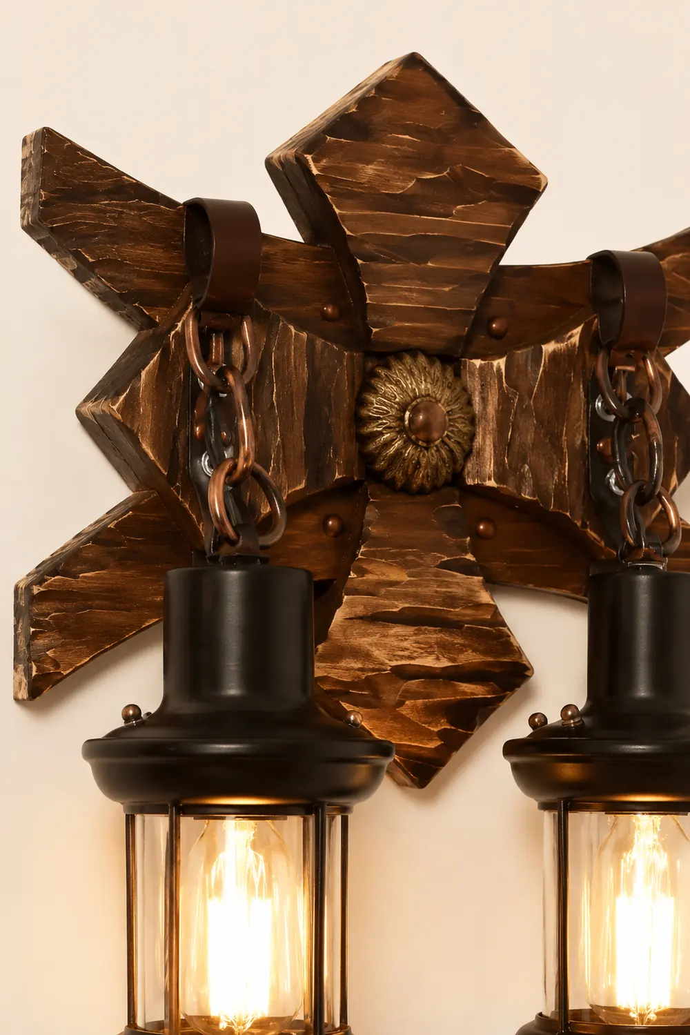 Austin Wall Lamp Decorative Vintage Lantern Double Light Wooden, Bedroom - Lumpaz