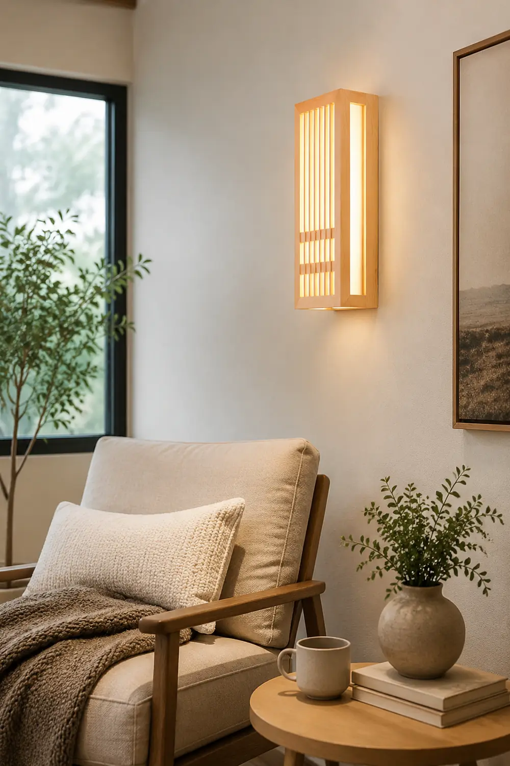 Ozawa Wall Lamp Rectangular Rustic, Wood/Acrylic, Log Color, Bedroom - Lumpaz