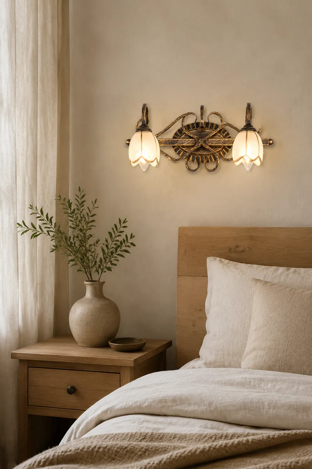 Félicie Antique Flower Metal/Glass Wall Lamp, Brass, Bedroom - Lumpaz