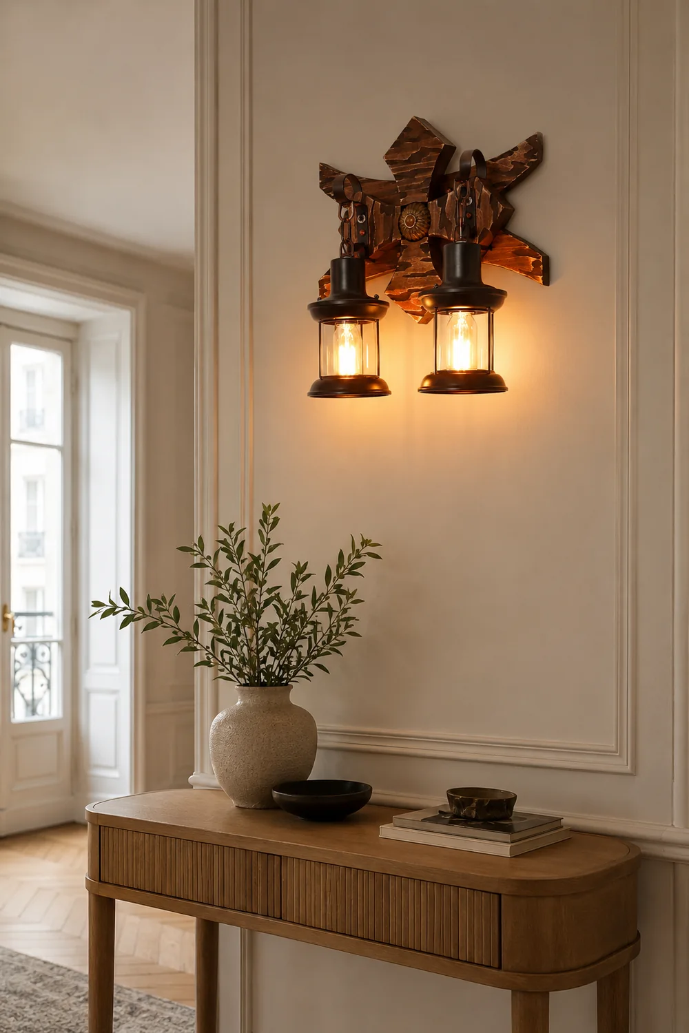 Austin Wall Lamp Decorative Vintage Lantern Double Light Wooden, Bedroom - Lumpaz