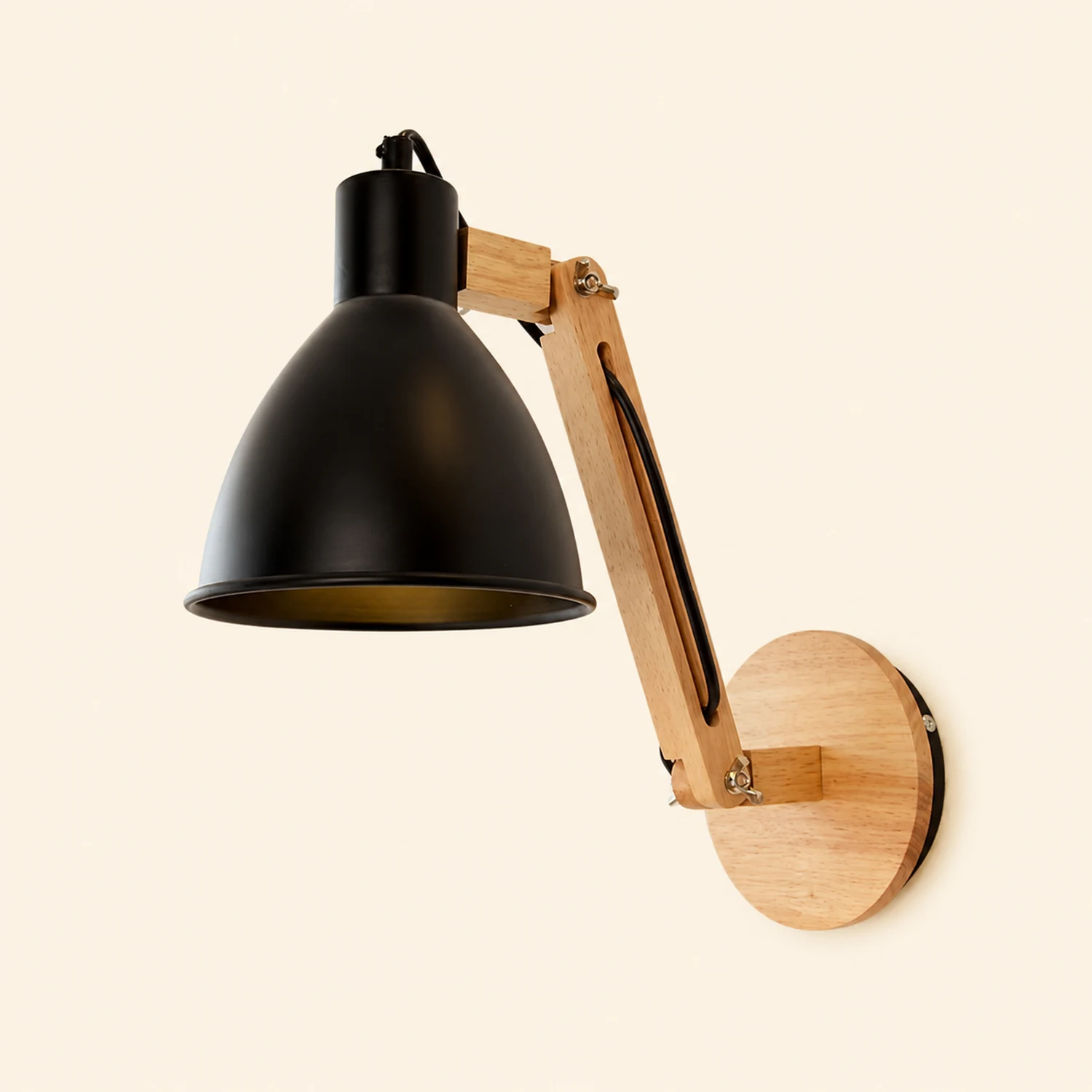 Brady Wall Lamp Dome Modern, Adjustable Metal Wood, Black/White, Bedroom - Lumpaz