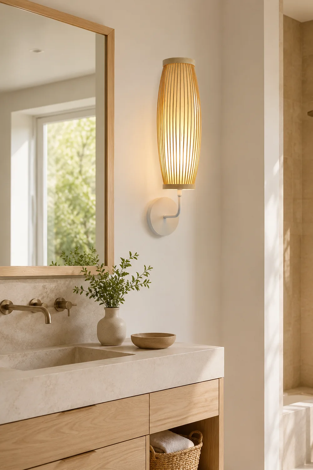 Muto Japanese Cylindrical Rattan Wall Lamp Bamaoo Bedroom - Lumpaz