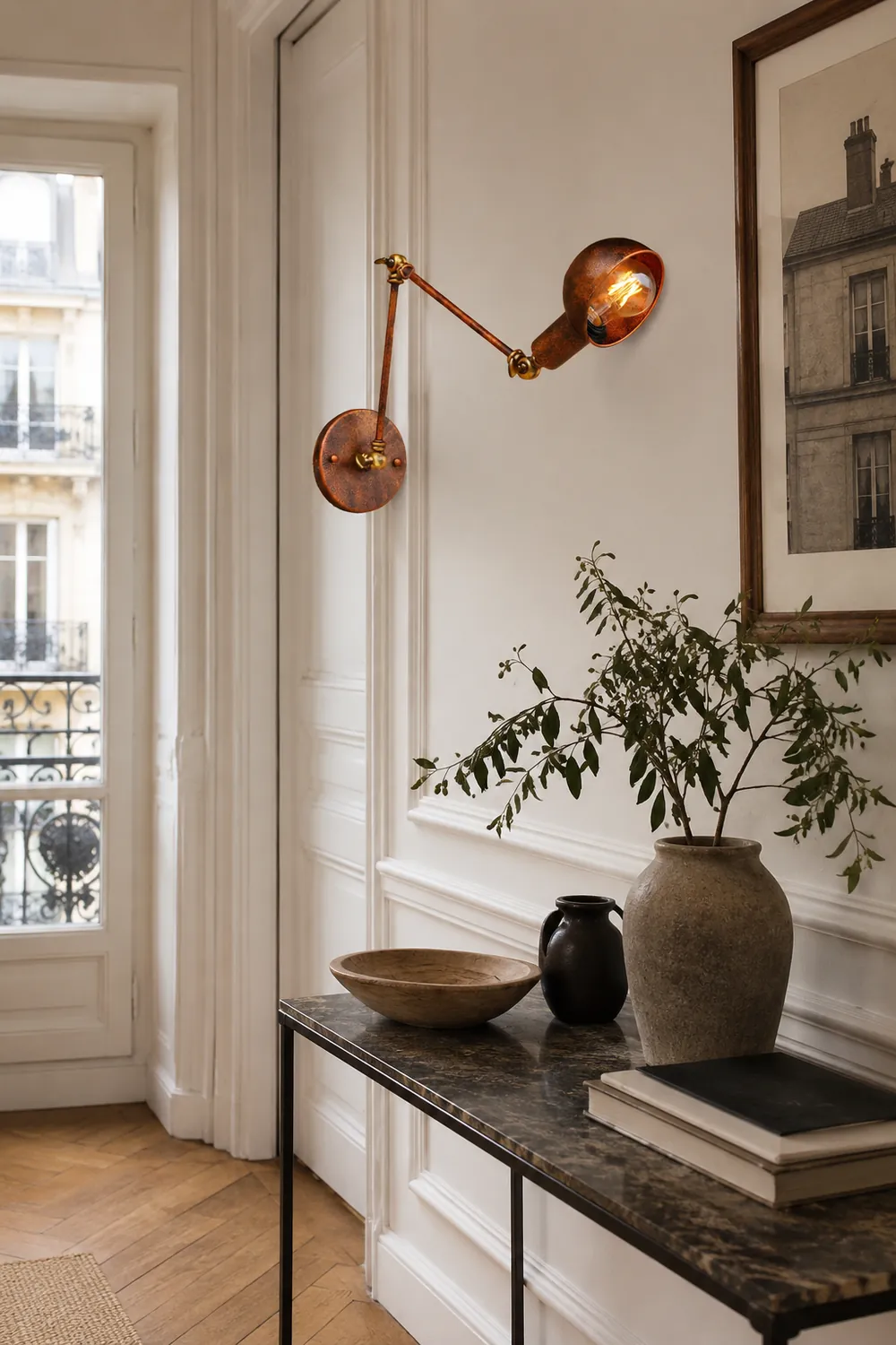 Brady Vintage Hemispheric Rust Adjustable Wall Lamp, Brass, Bedroom - Lumpaz