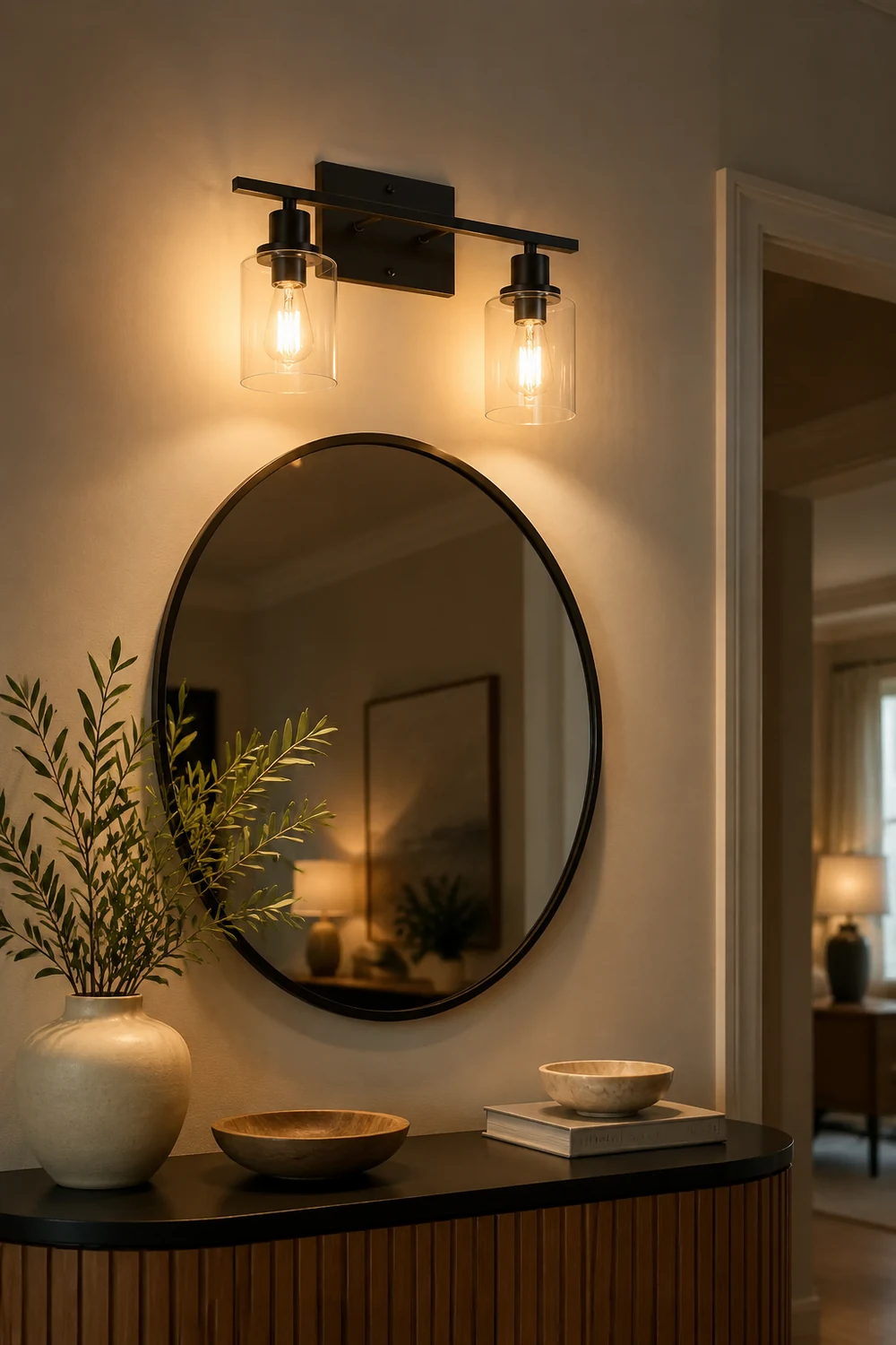 Alessio Modern Mirror Front Black Vanity Wall Lamp, Metal/Glass - Lumpaz