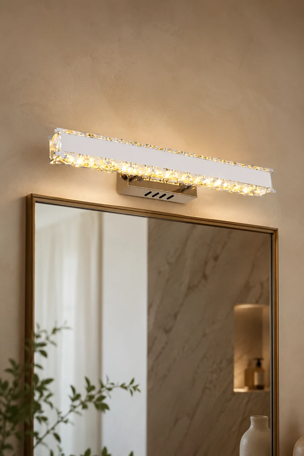 Kristy Modern Rectangular Metal/Crystal Mirror Front Wall Lamp, Gold - Lumpaz