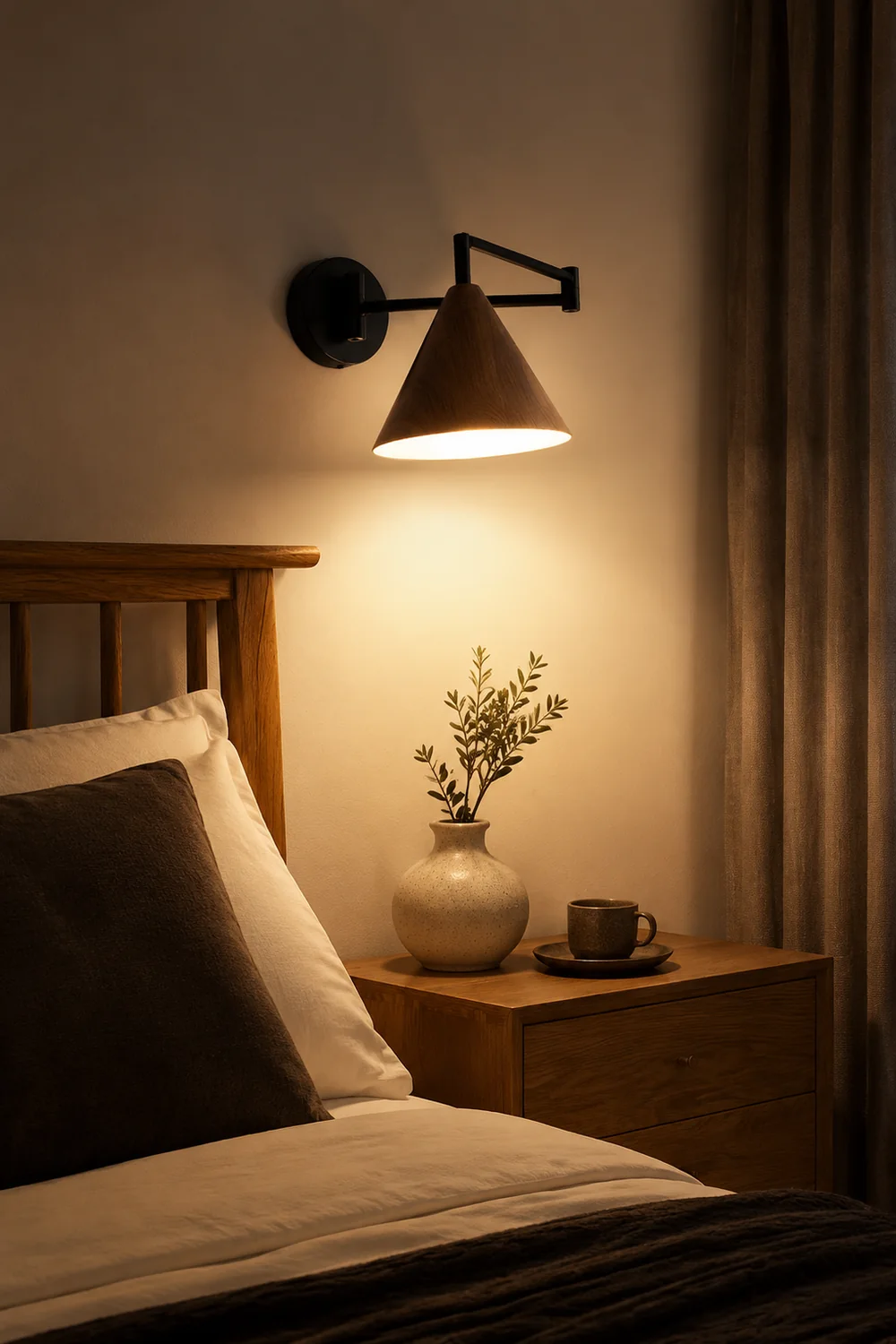 Ozawa Cone Shaped Adjustable Wall Lamp, Metal/Wood, Bedroom - Lumpaz