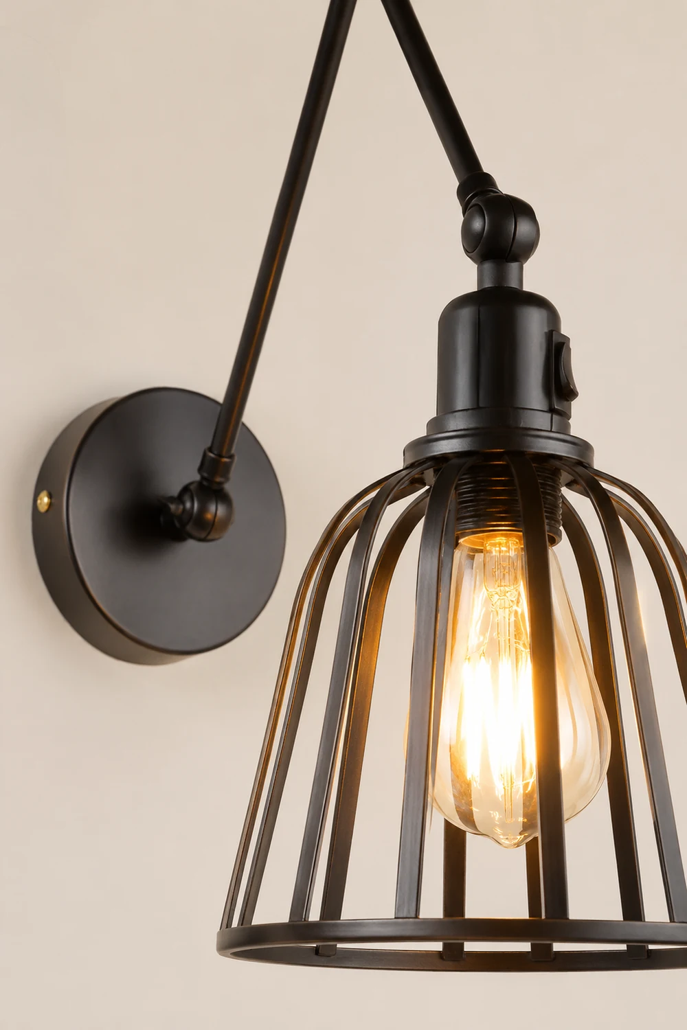 Alessio Vintage Cage Adjustable Wall Lamp, Metal, Black, Living Room - Lumpaz