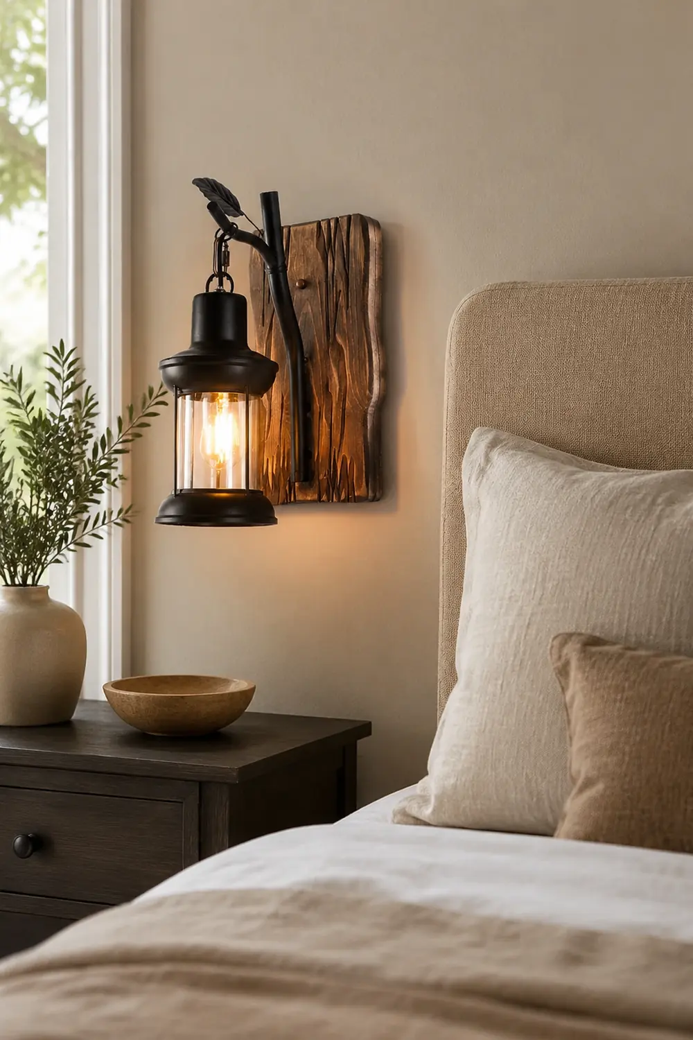 Austin Vintage Branches Lantern Wall Lamp, Metal/Wood, Black, Dining Room - Lumpaz