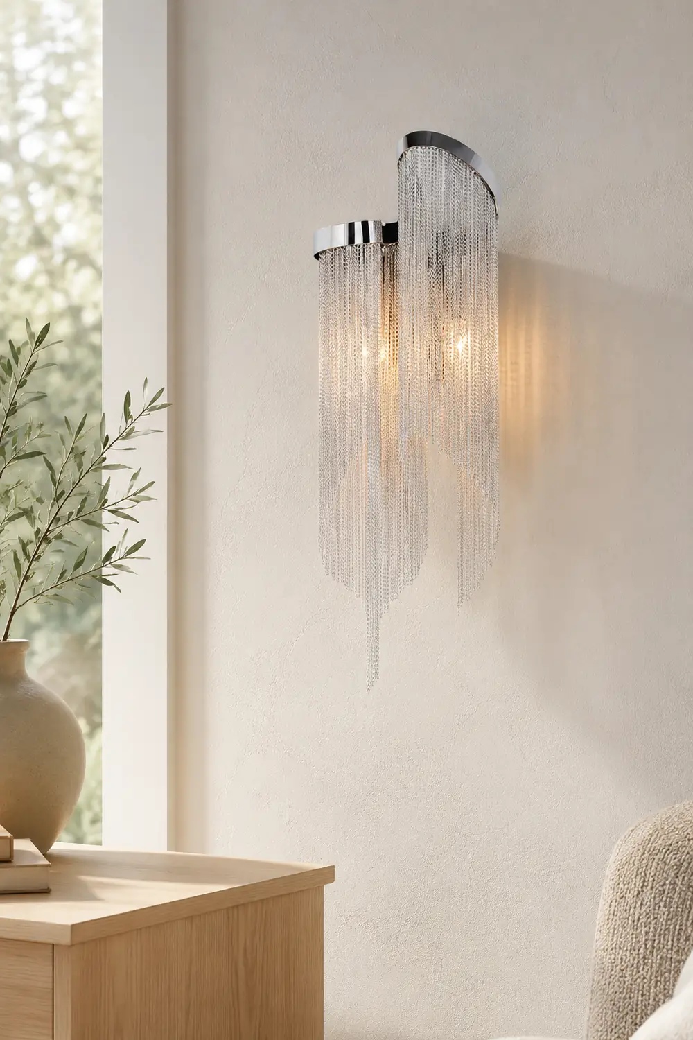 Colon Wall Lamp Modern/Art Deco, Tassel Chain, Silver, Bedroom - Lumpaz