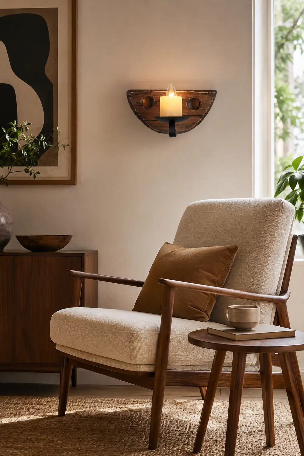 Austin Vintage Candle Semicircle Wall Lamp, Wood/Metal, Bedroom - Lumpaz