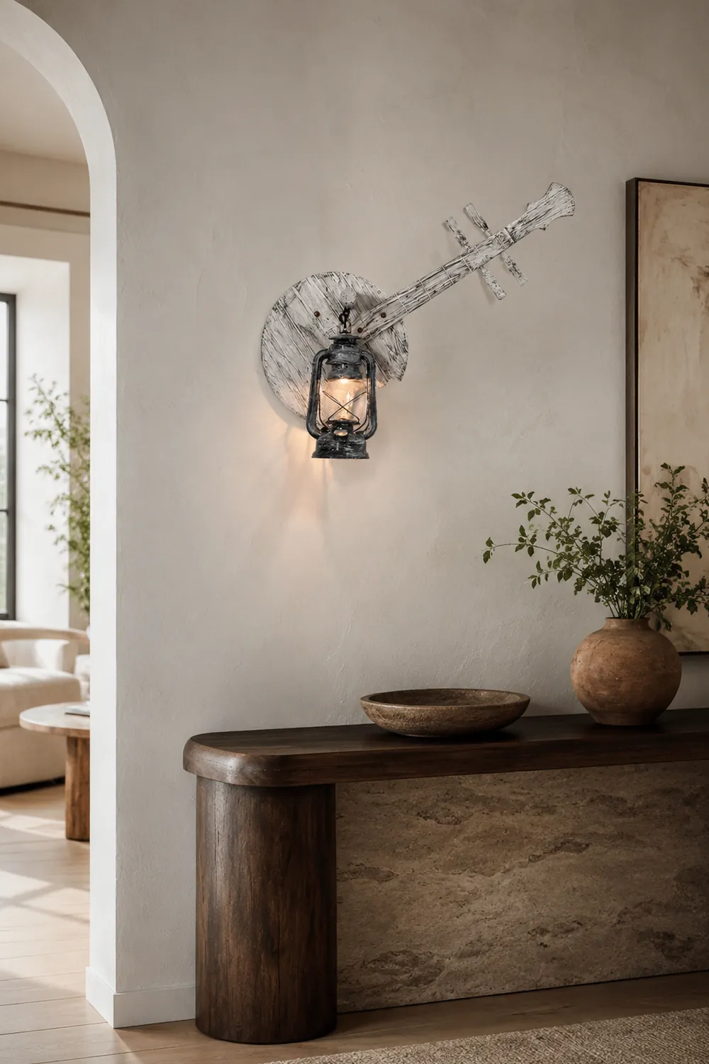 Austin Wall Lamp Lute Vintage Lantern Wooden Gray, Dining Room - Lumpaz