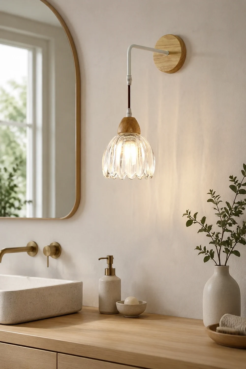 Lily Pleated Clear Wooden Bedroom Vanity Wall Lamp - Lumpaz
