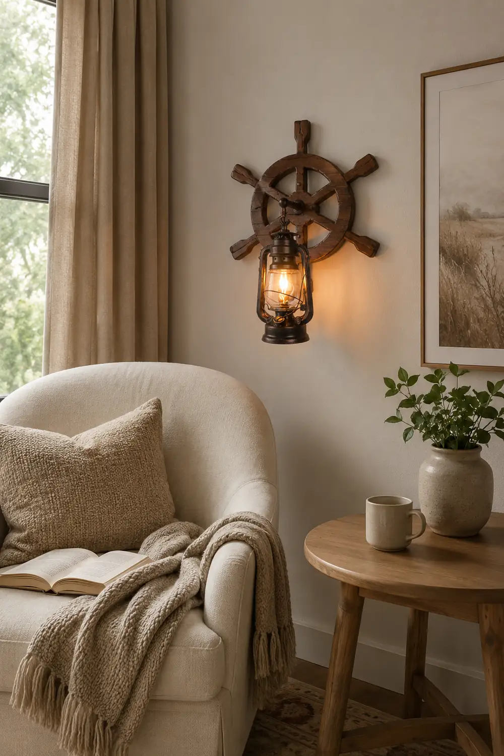 Austin Wall Lamp Retro Rudder Lantern Brown Wooden, Bedroom - Lumpaz
