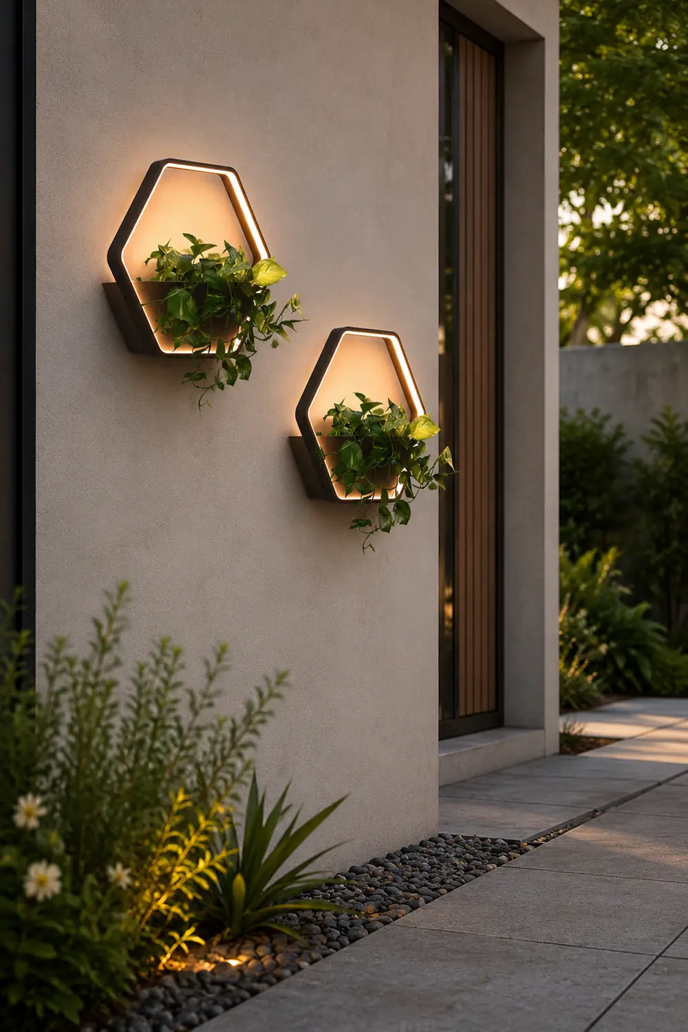 Orr Minimalist Hexagonal Ring With Shelf Metal Outdoor Wall Lamp, Black - Lumpaz