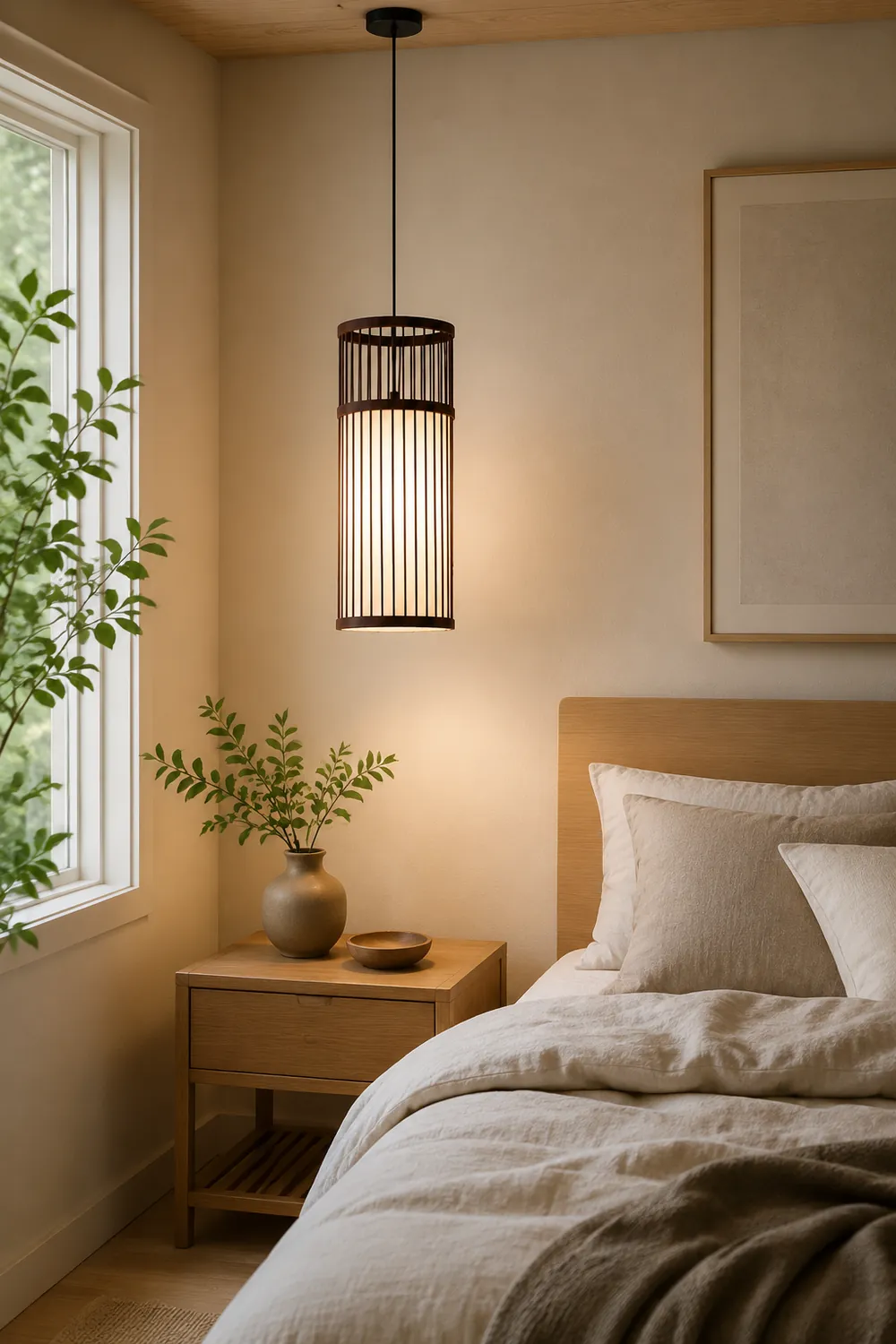 Ozawa Weave Cylinder Pendant Light, Coffee/Wood, Metal/Bamboo - Lumpaz