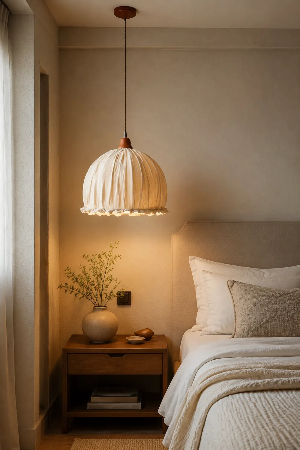 Nordic Vintage LED Pendant Light Beige Fabric Living Room - Lumpaz