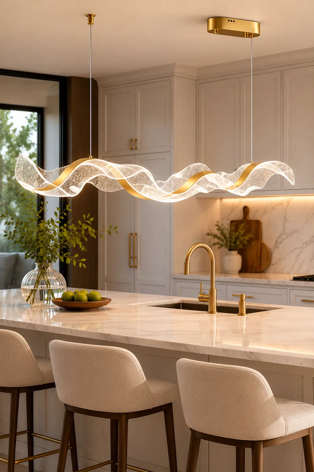 Kirsten Pendant Light Designer Wave Acrylic White/Gold Dining Room - Lumpaz