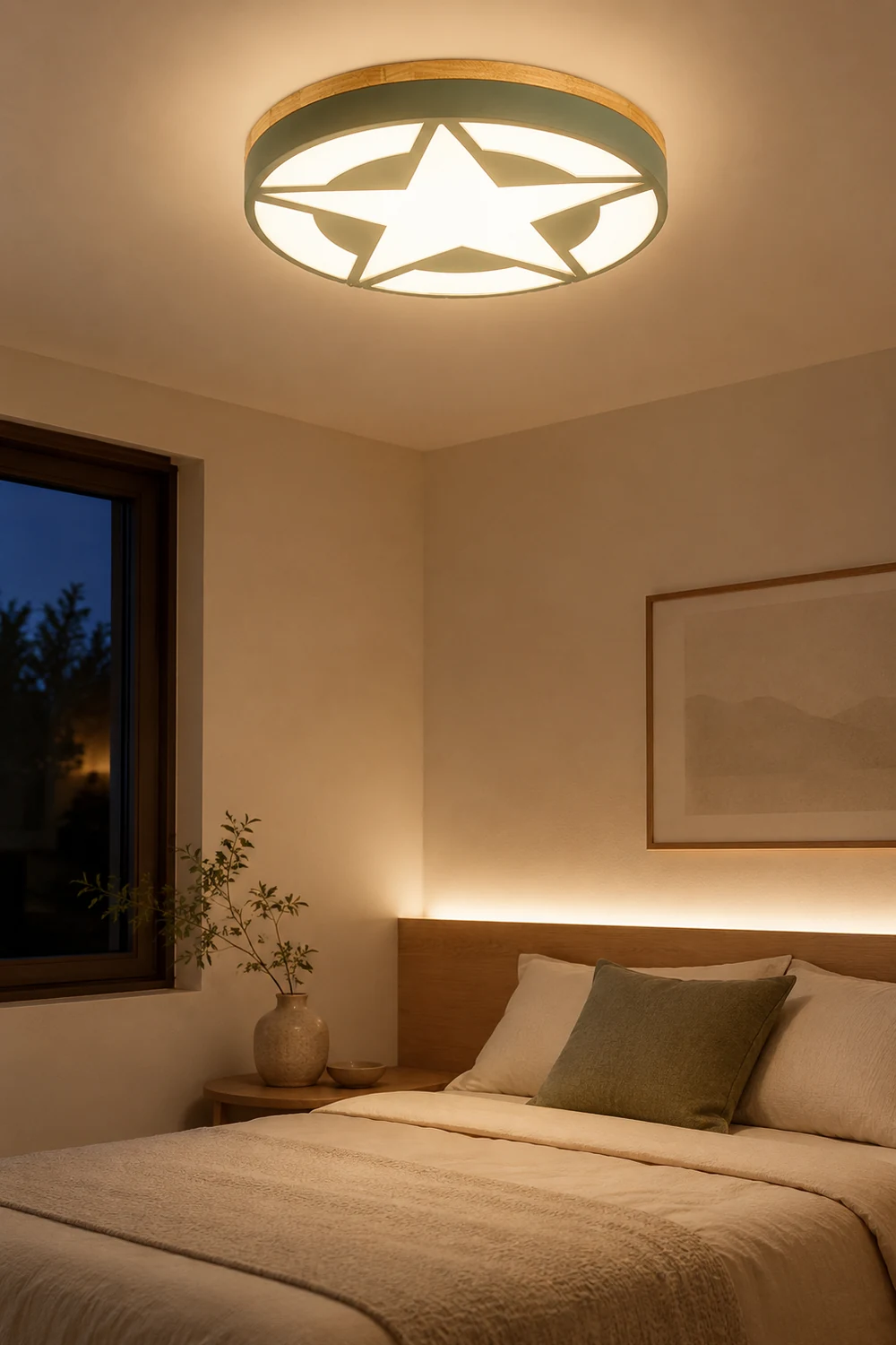 Quinn Modern Round Star Acrylic/Wood Flush Mount Ceiling Light, White/Green/Gray - Lumpaz