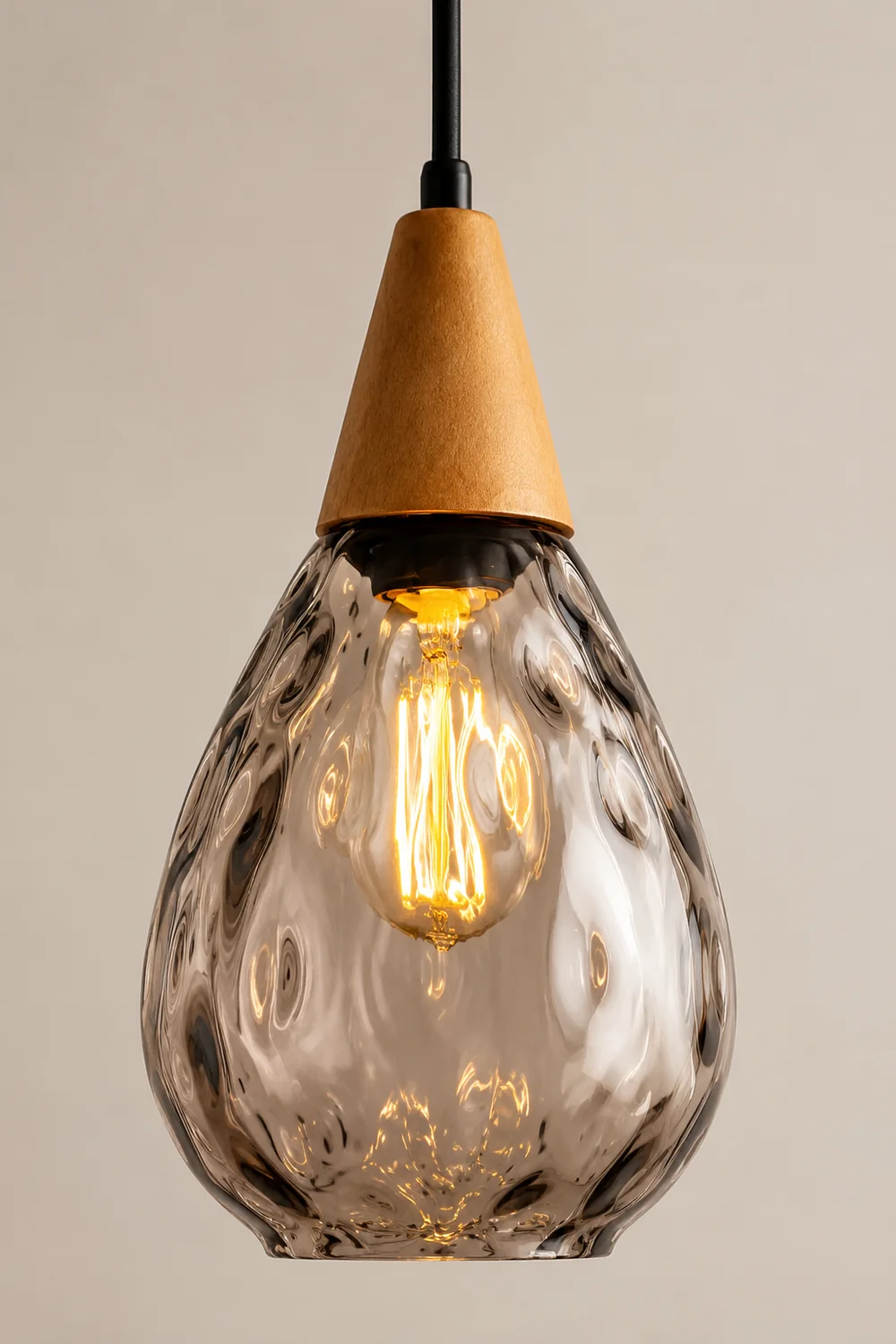 Avi Vintage Teardrop Pendant Light, Glass/Wood - Lumpaz